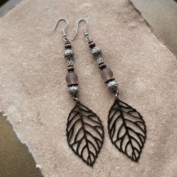 Handmade Nature-Inspired Bronze Leaf Earrings Boho - Picture 5 of 9